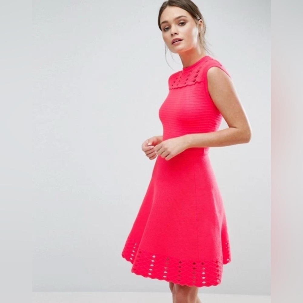 Ted Baker Zaralie Jacquard Sleeveless coral pink knit Skater Dress size 8